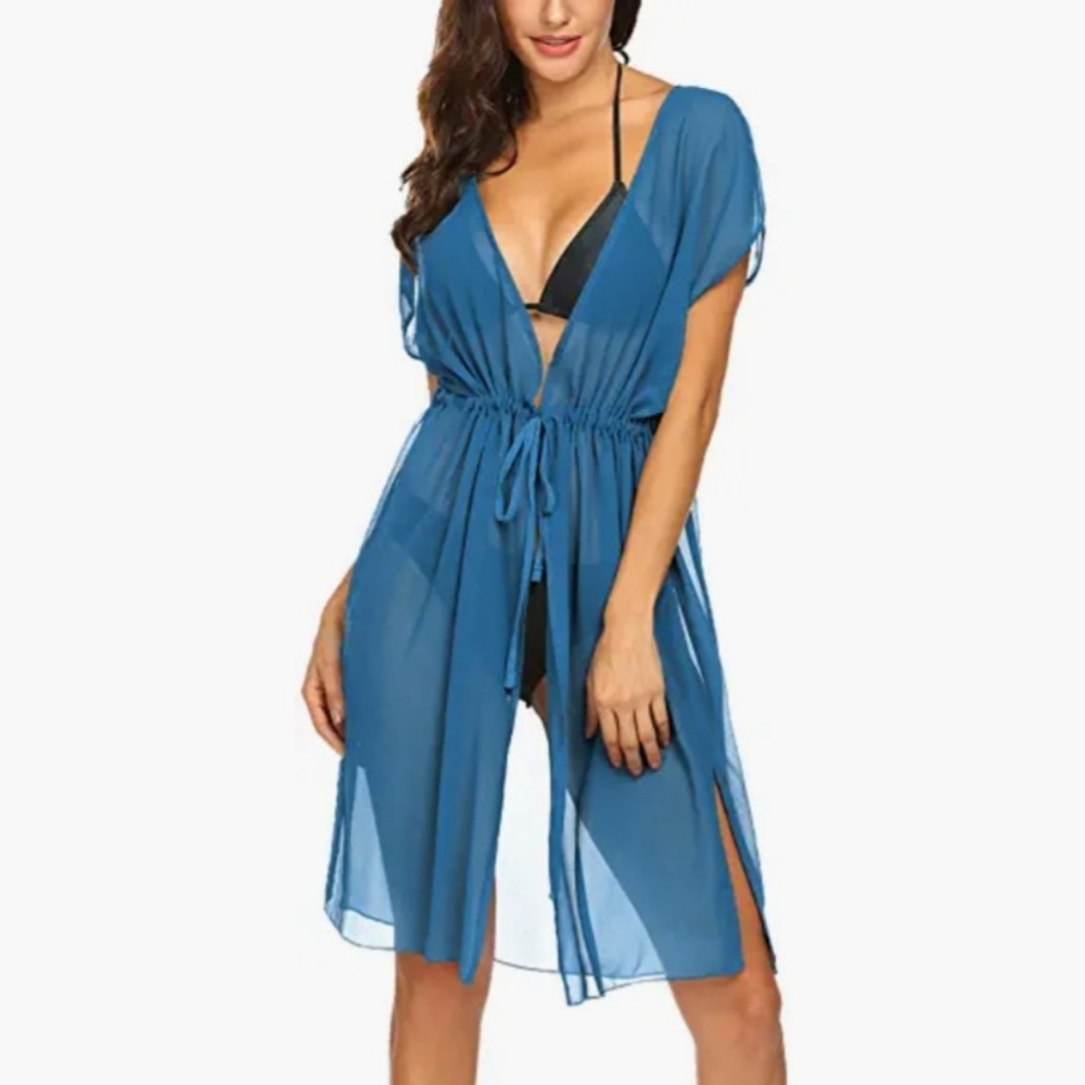 Teal Sheer Cover Up Chiffon Dress Baby Doll Kimono for over swim suit